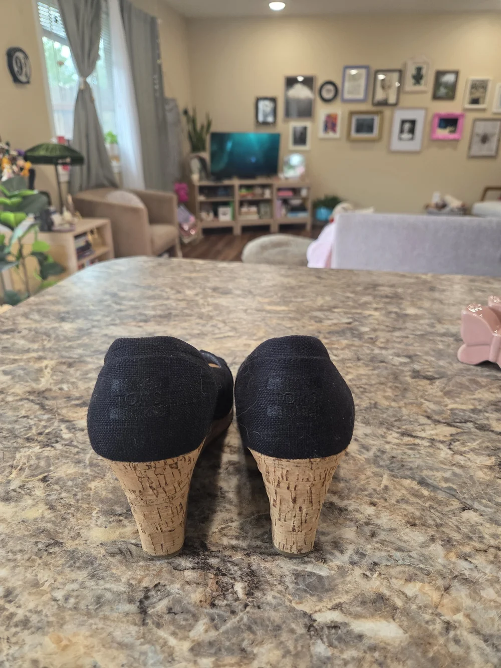Toms Black Canvas Cork Wedge Peep-Toe